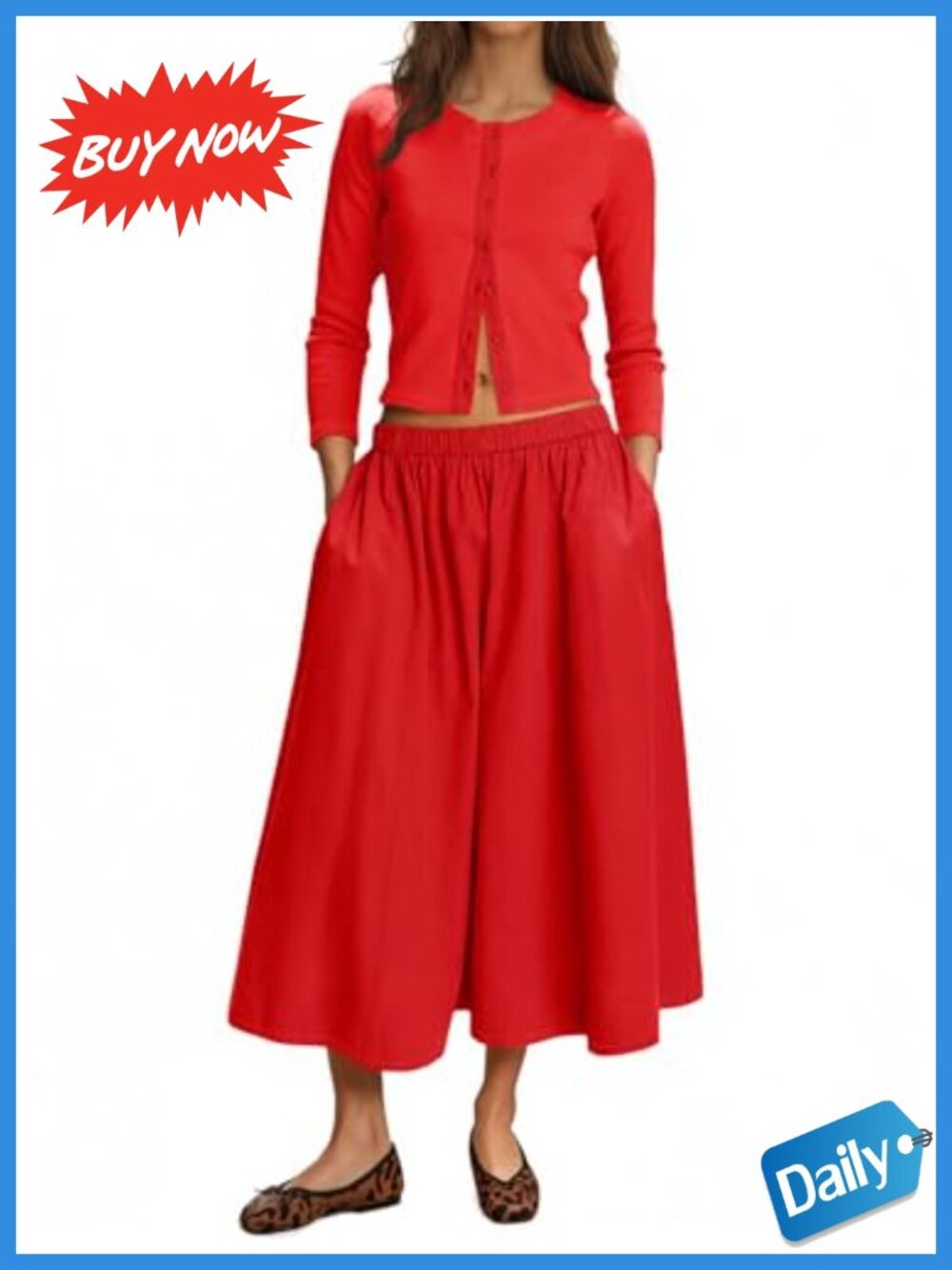 Women 2 Piece Ribbed Knit Cardigan & Midi Skirt Set Button Up